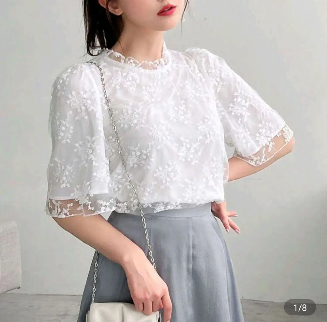 Thumbnail of FRIFUL Lace Embroidered Short Sleeve Top SHEIN