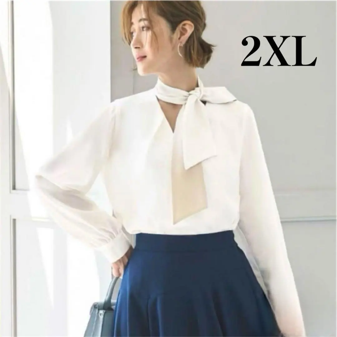 女士 撞色 蝴蝶结 衬衫 职业装 办公室 长袖 2XL 的縮圖