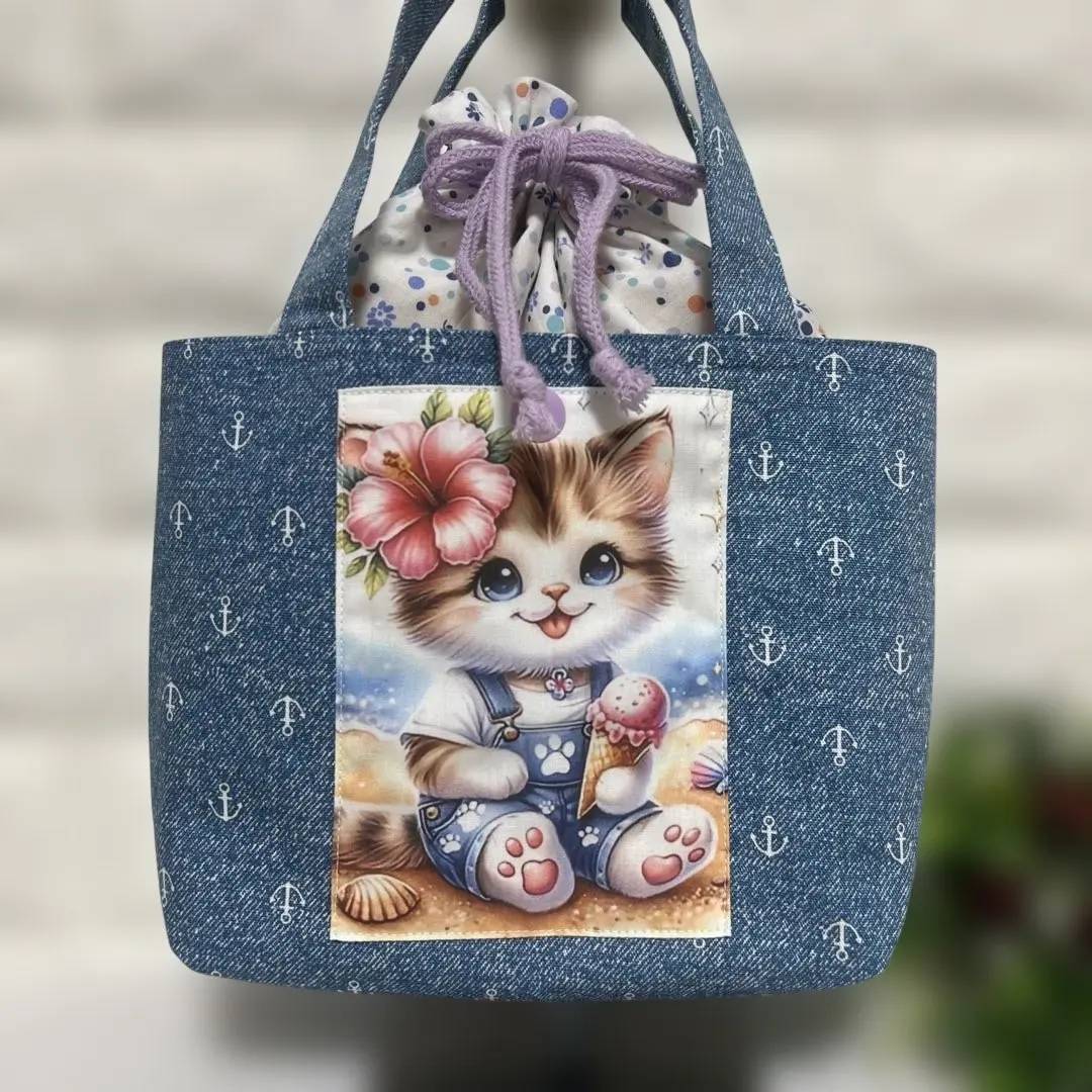 Thumbnail of [373] Summer Beach Cat ♡ Drawstring Tote Bag with Outer Pocket - Double-Sided Panel
