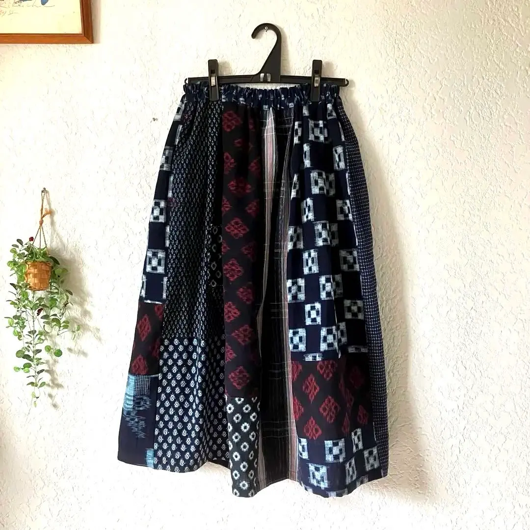 Thumbnail of Kimono Remake: Cotton Sashiko Patchwork Vertical Strip Skirt, 7-24Y