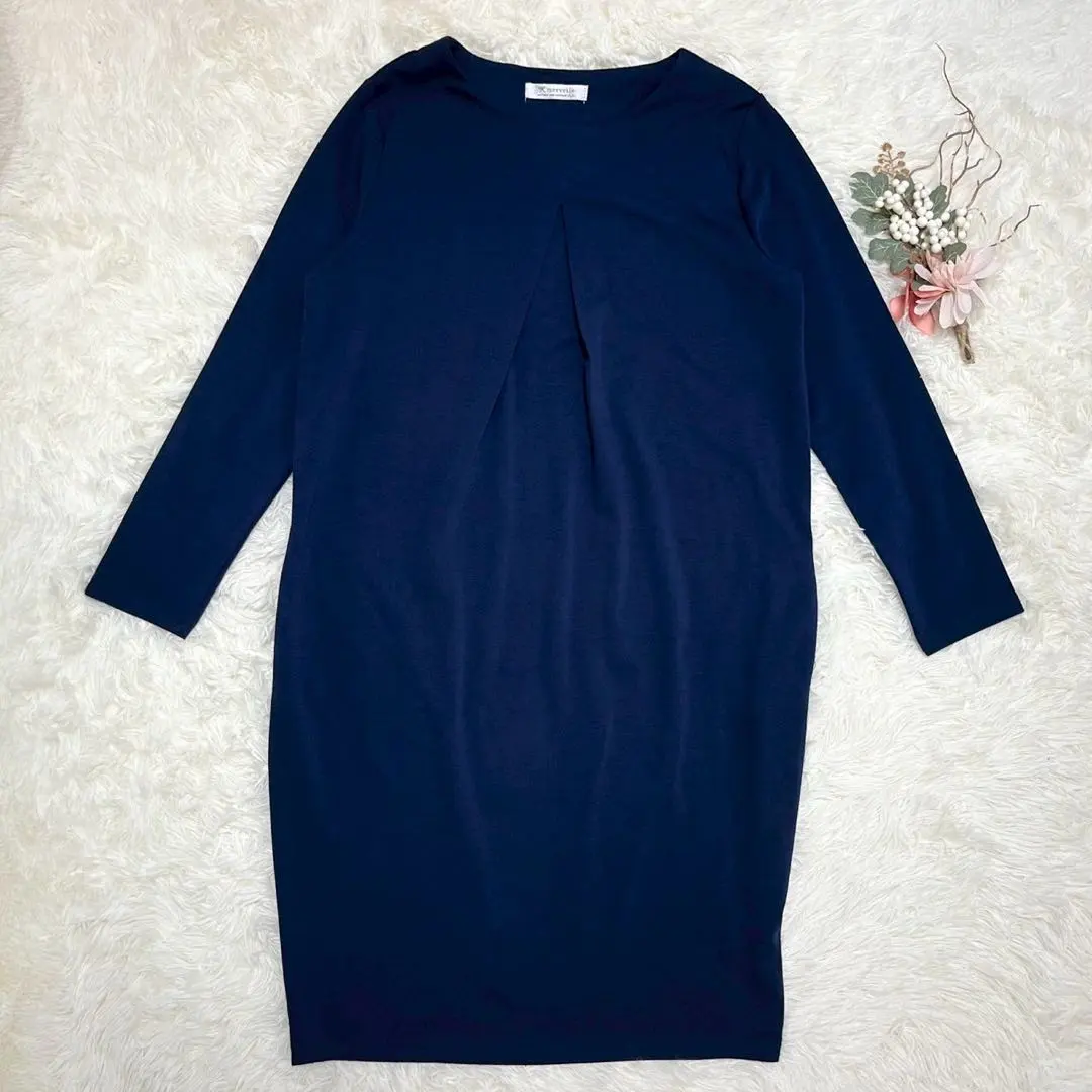 Thumbnail of merveile (F) long-sleeved one-piece dress, navy, long length, I-line