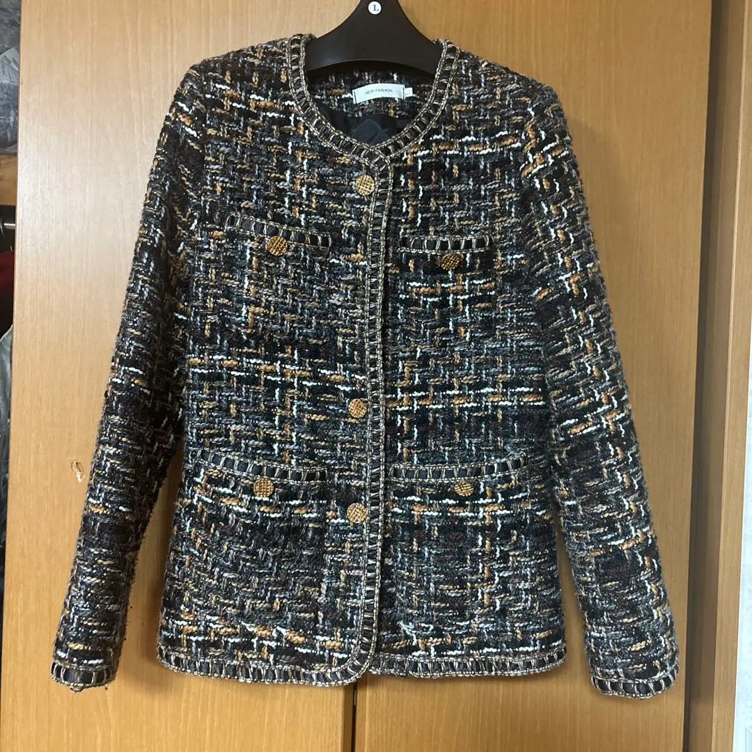 Thumbnail of No-collar jacket: Black, brown, and white tweed