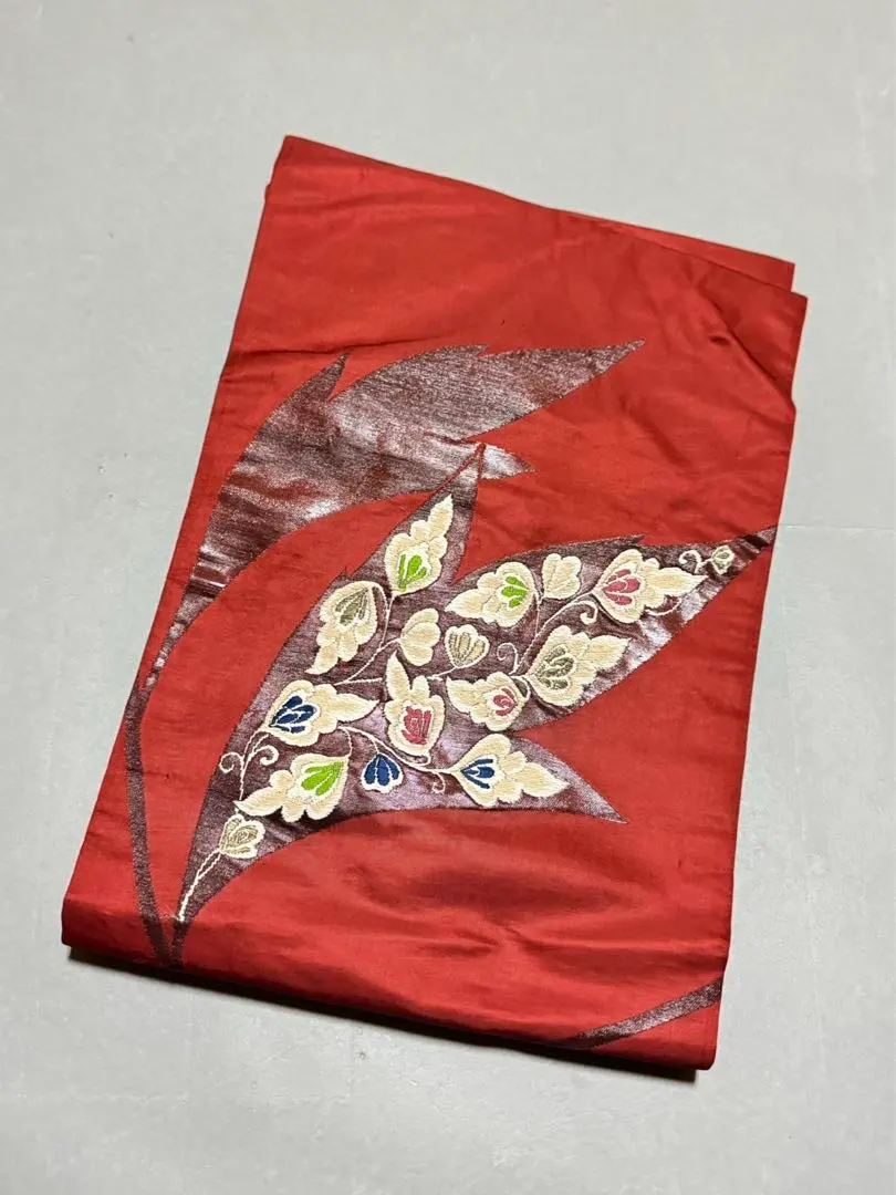 Thumbnail of Nagoya obi, red, cute floral pattern, some wrinkles but in good condition