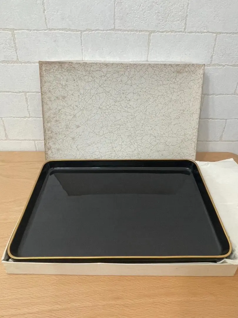 Thumbnail of Lacquerware rectangular tray, black with gold trim, with box
