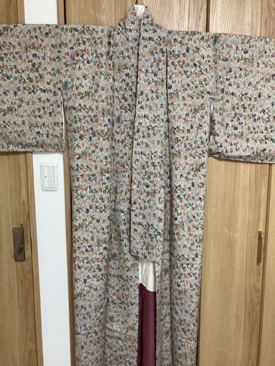 Thumbnail of Kimono, lined (awase), unused, with basting threads, silk, komon (small pattern), messenger