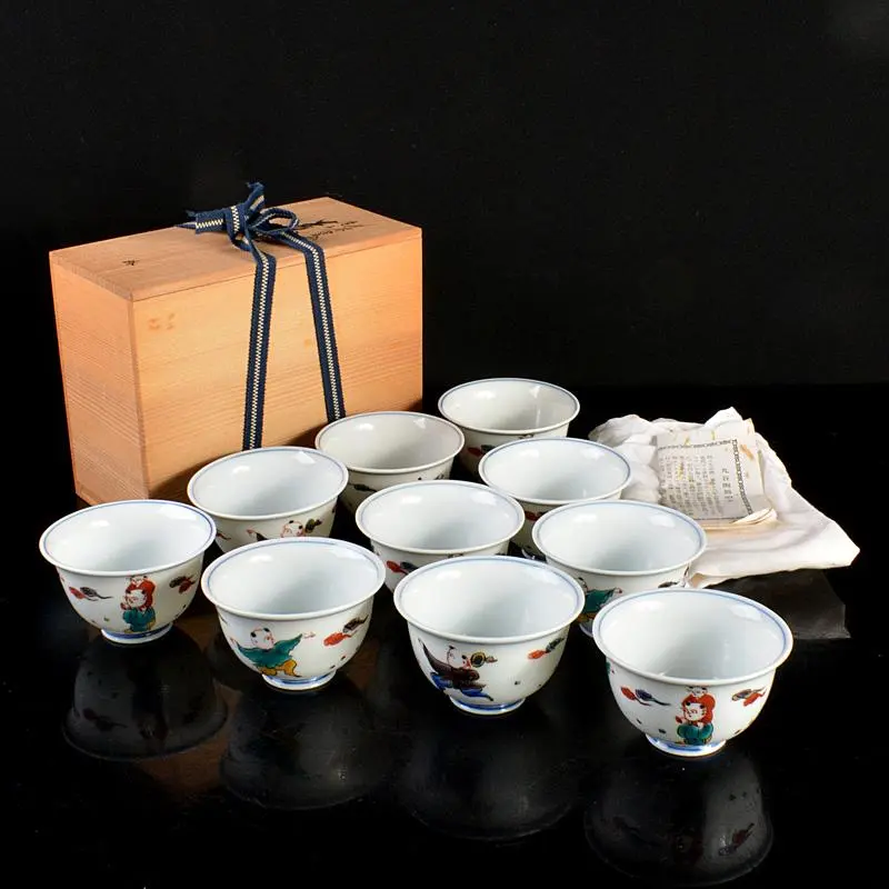 九谷焼　堀江青光造　色絵唐子文　波出茶碗　数茶碗　10客　共箱　V　6207C 九谷焼 堀江青光造 色絵唐子文 波出茶碗 数茶碗 10客 共箱 V 6207C
