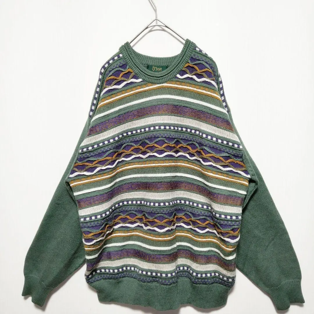 Thumbnail of Popular 3D Knit Sweater, All-over Pattern, Green, Coogi-style, Border, Size L 2