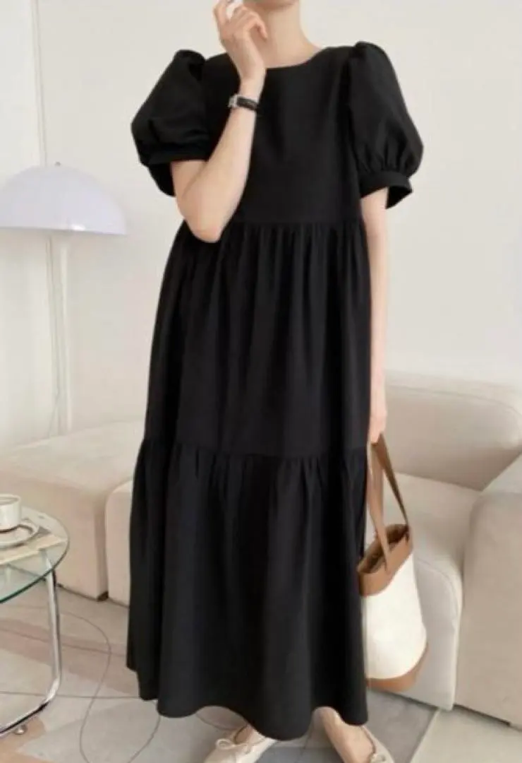 Thumbnail of Liaa Puff Sleeve Long Dress - Black - FREE SIZE
