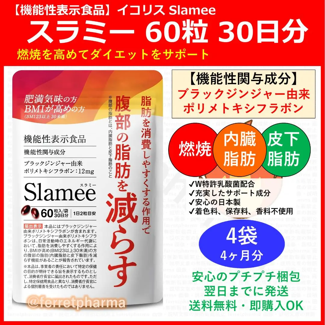 【残り6袋】 機能性表示食品 イコリス スラミー 60粒 30日分×6袋 Amazon | Slamee スラミー お腹の脂肪 皮下脂肪を減らす