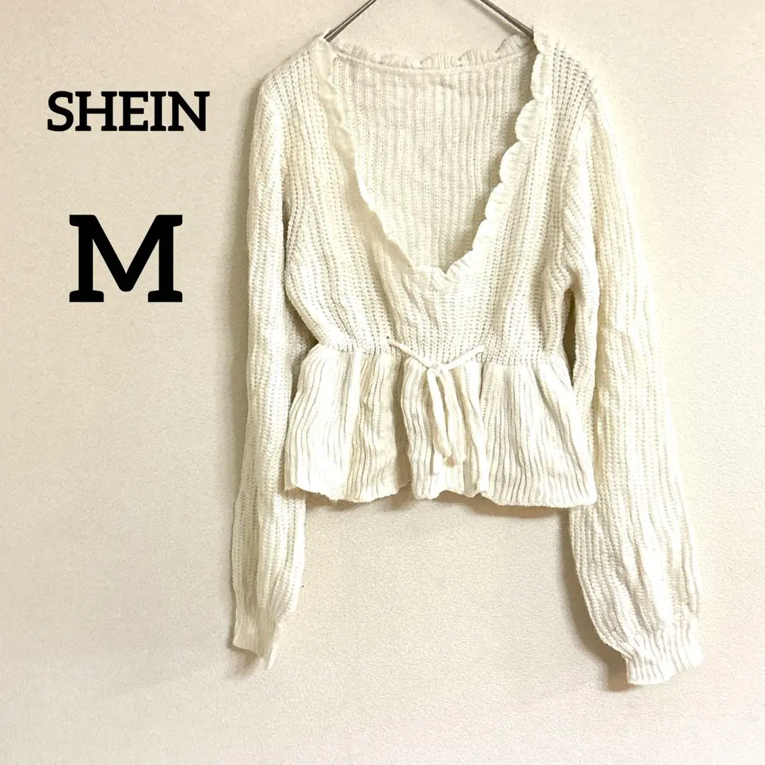 Thumbnail of SHEIN 【M】 White V-Neck Knit Ruffle Cotton Sweater Thick