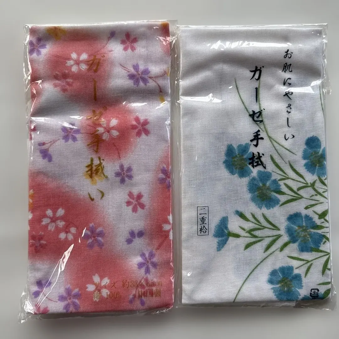 Thumbnail of Set of 2 Gauze Hand Towels: ① Cherry Blossom Pattern ② Blue Floral Pattern ~ Soft to the Touch ~ Brand New, Unopened ~