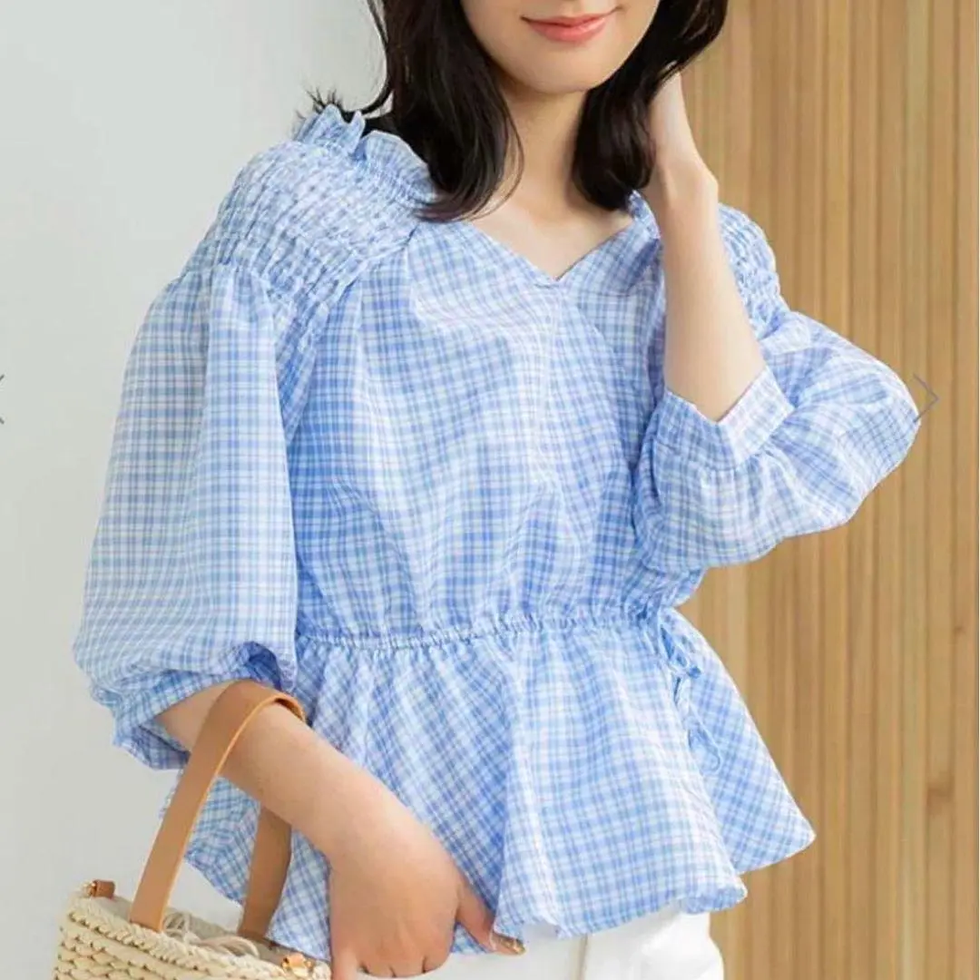 ゆーみん ⭐️クロエ　長袖ブラウス　フリル　カシュクール　ギンガムチェック カシュクールギンガムブラウス（シャツ/ブラウス）｜fifth