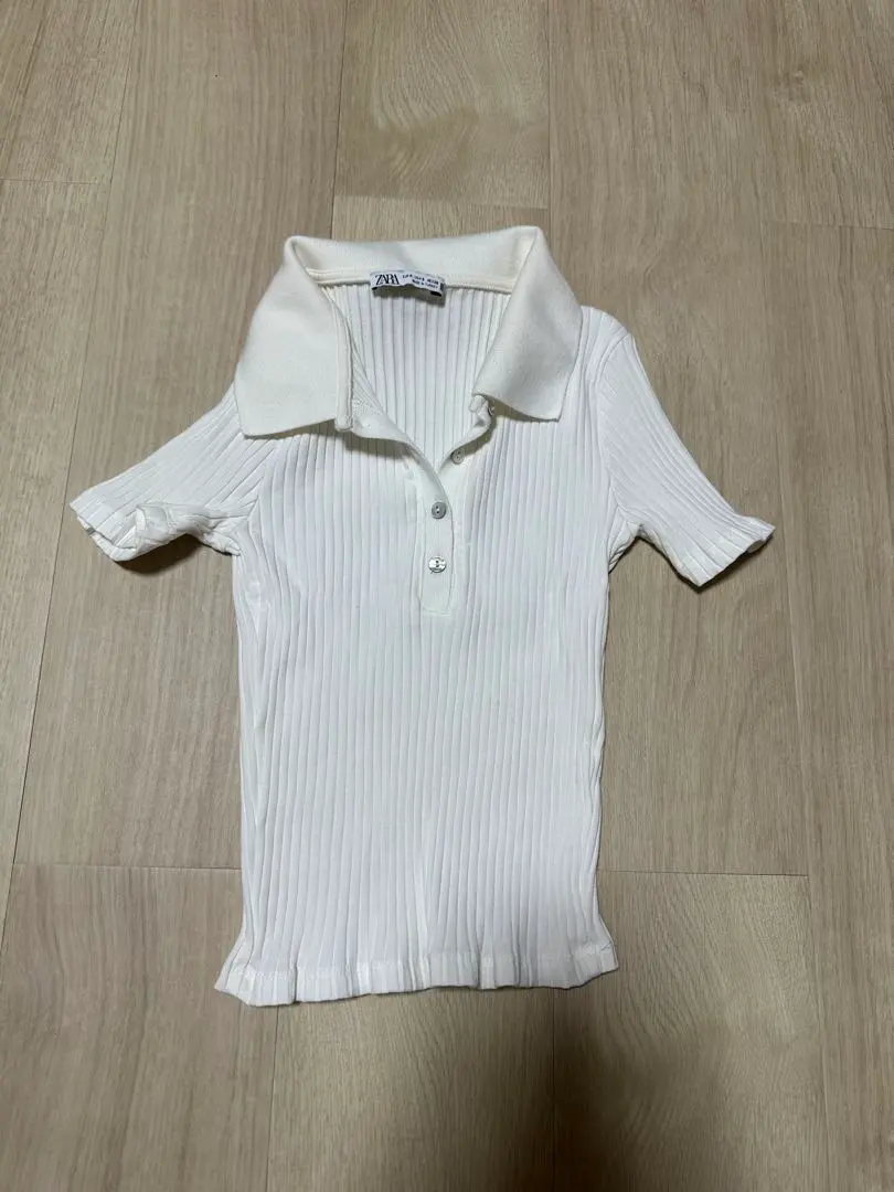 Thumbnail of ZARA White Ribbed Cropped Polo Shirt Short Sleeve