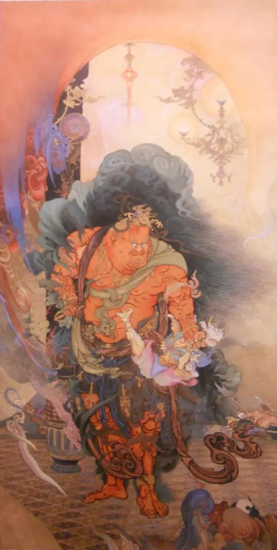 掛け軸 狩野芳崖 作『 仁王捉鬼図 』 絹本 名品 複製 希少 茶掛 掛軸 美品 m12233200696_1.jpg?1730018033