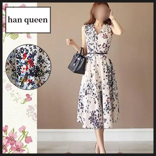 han queen ハンクイーン　花柄 ノースリーブワンピース 総柄　タイト　S han queen ハンクイーン 花柄 ノースリーブワンピース 総柄