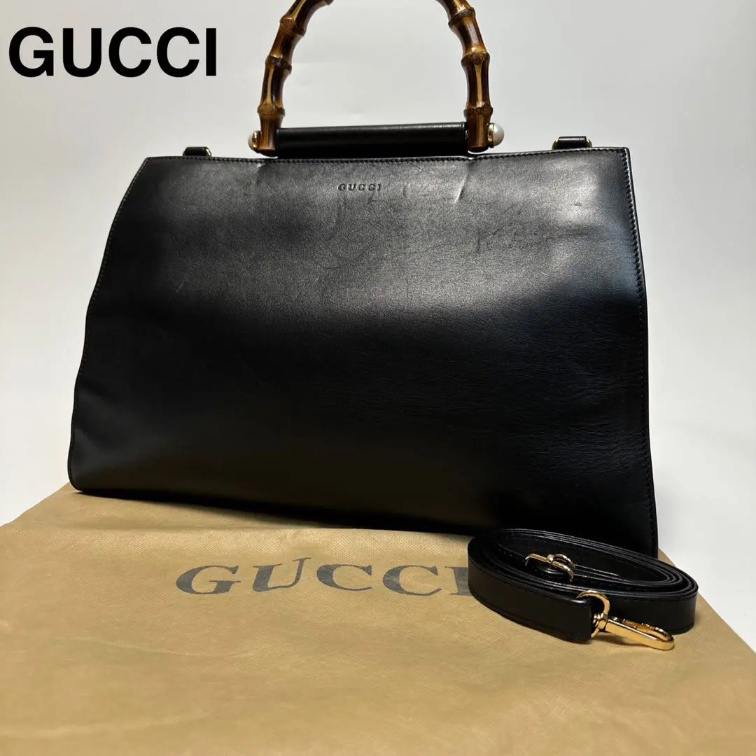 Thumbnail of Gucci Nymphaea Bamboo Leather Black 2-way Handbag - Excellent Condition