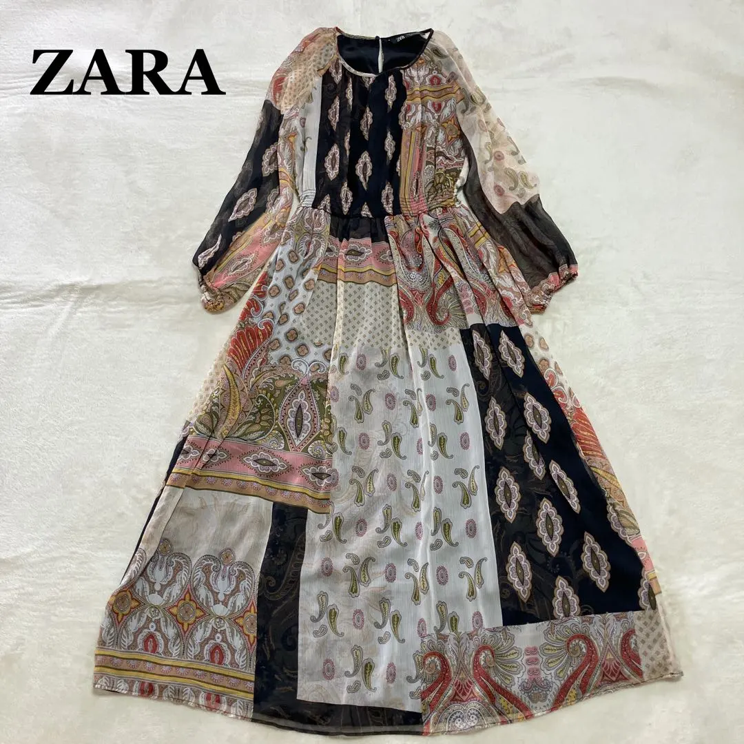 Thumbnail of Zara Maxi Length Paisley Patchwork Print All-over Print Long Sleeve Dress Chiffon M