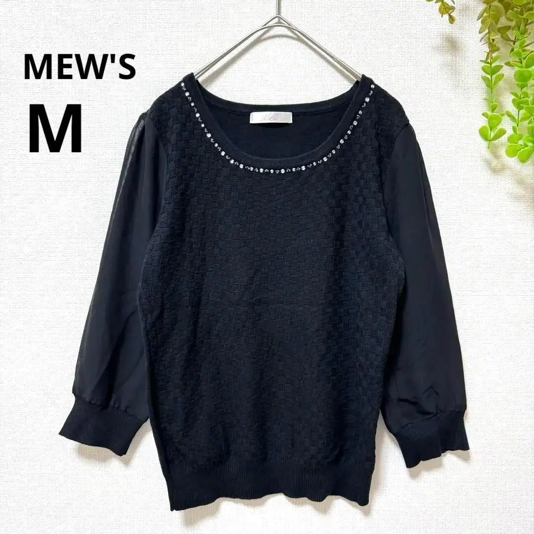Thumbnail of MEW'S ◆ 3/4 Sleeve Chiffon Knit (M) Black, Sheer Sleeves, with Jewels