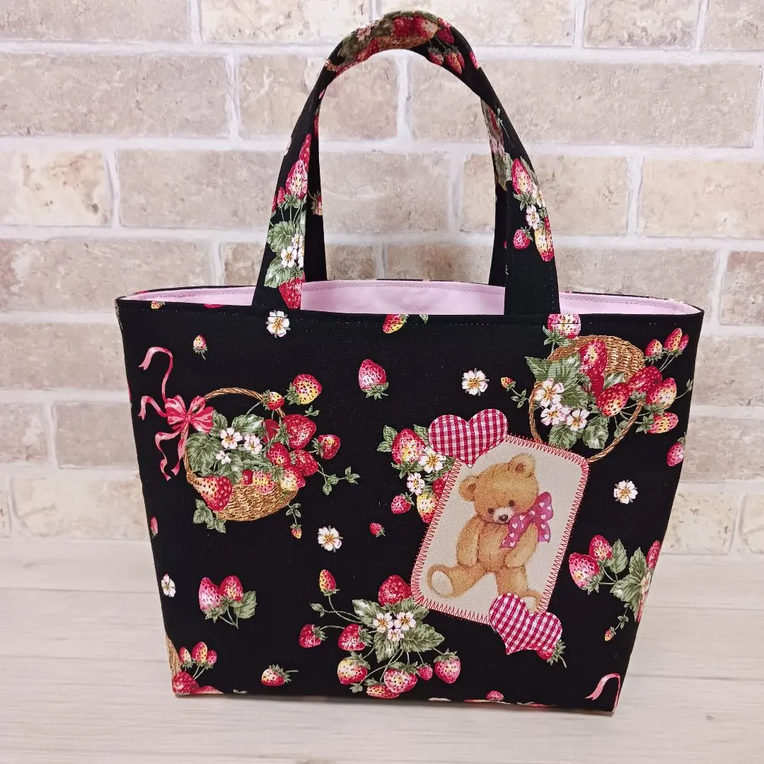 Thumbnail of Handmade Tote Bag / Handbag / Strawberry Pattern / Teddy Bear / Black