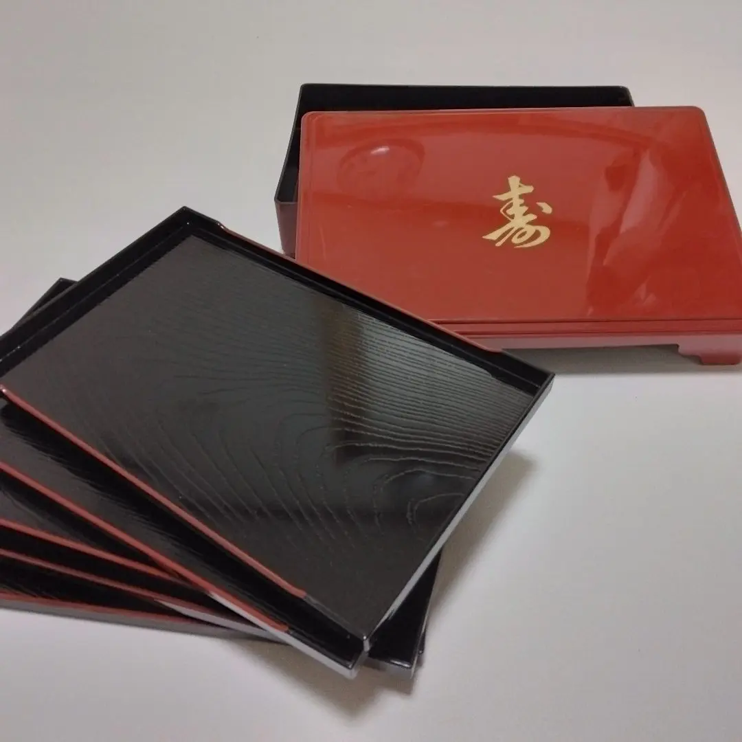 Thumbnail of Obon Set of 5 Storage Tray Set Wood Grain Style Plastic Storage "Kotobuki" (Longevity/Congratulations)