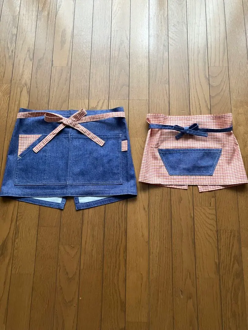 Thumbnail of Parent-Child Aprons: Denim & Red Check Pattern