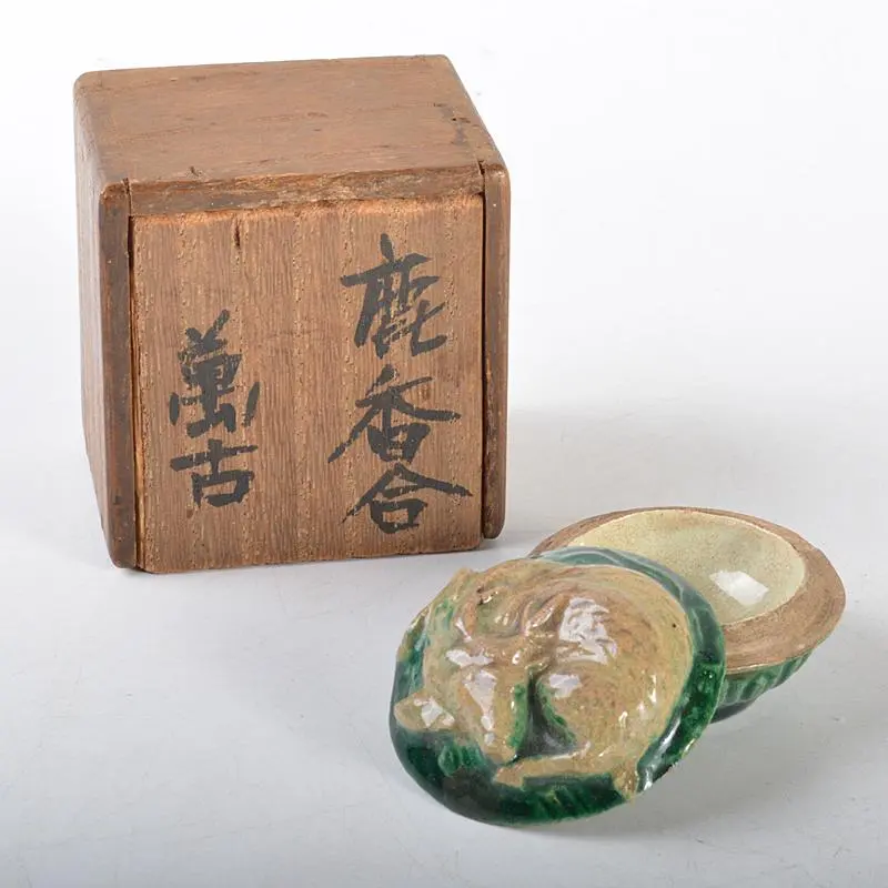 茶道具 萬古燒 彩繪 鹿 香合 時代箱 C R4456 的縮圖