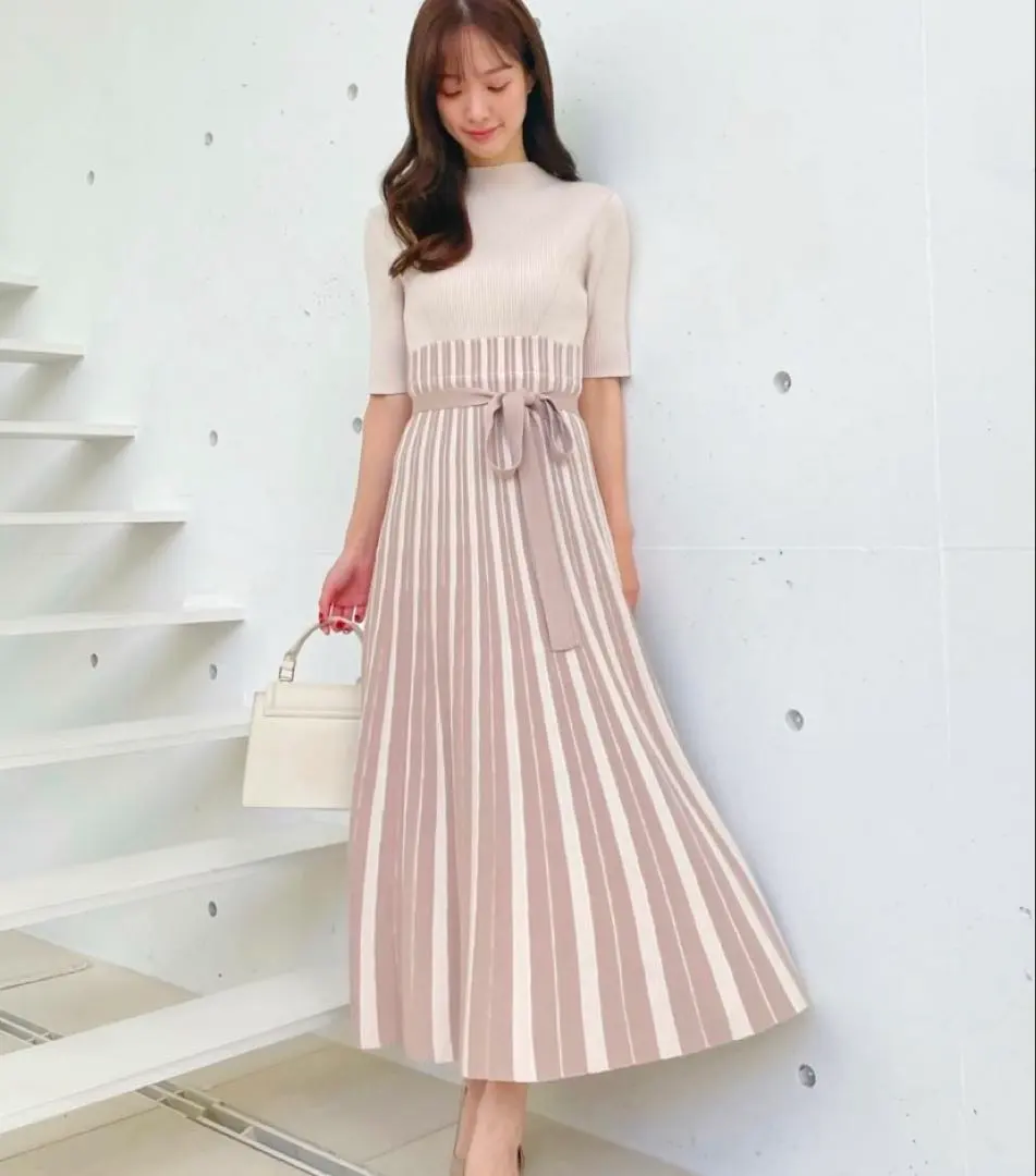 Thumbnail of MERCURYDUO Color Block Ribbed Knit Half Sleeve Dress