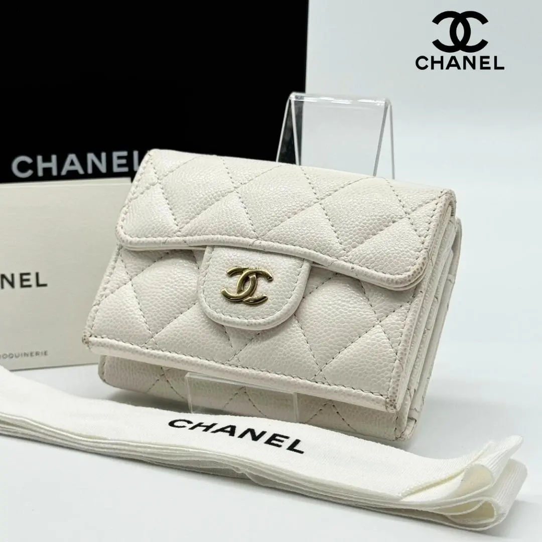 Thumbnail of Excellent Condition: Chanel Caviar Skin Trifold Flap Wallet, White