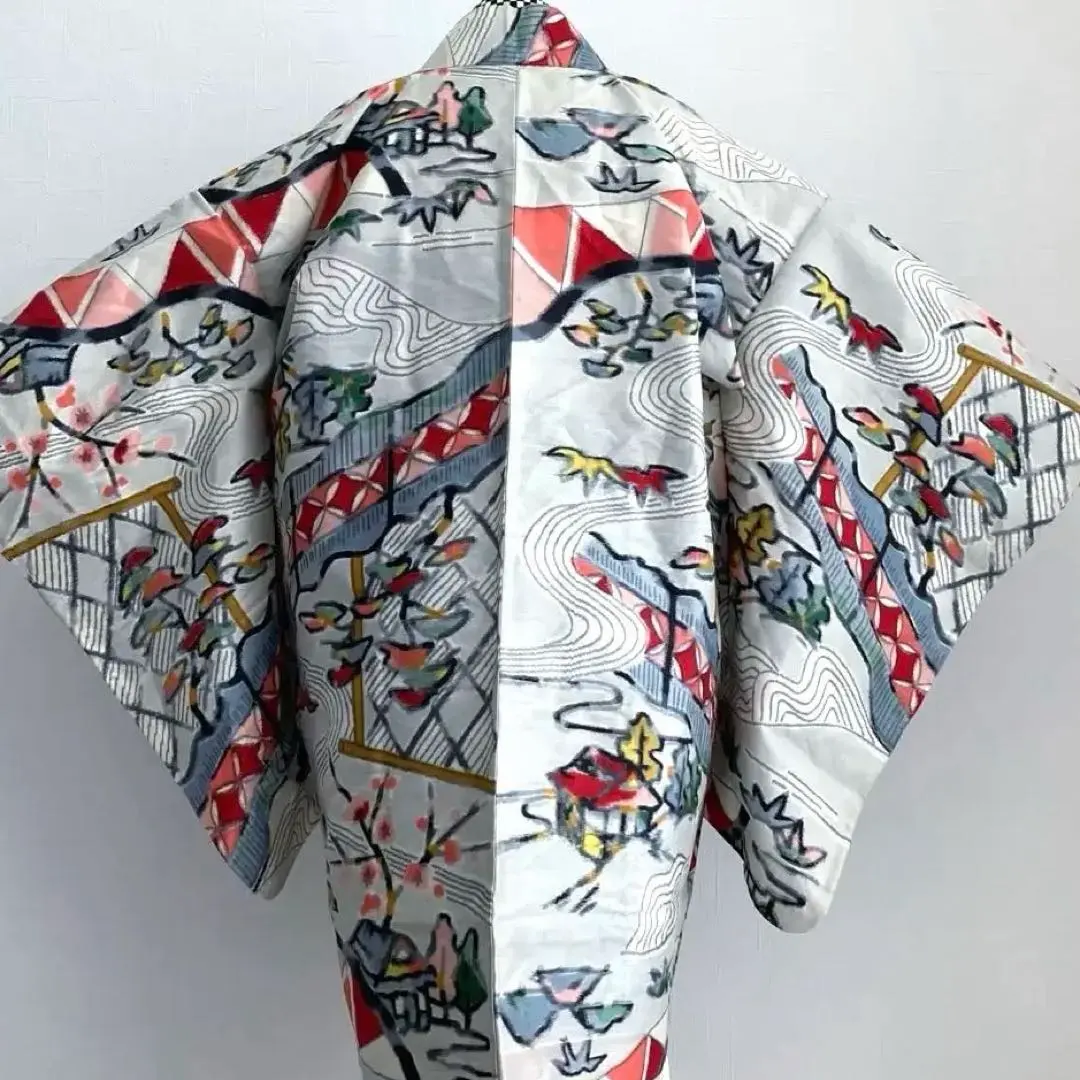 Thumbnail of Antique Long Haori, Unused with Threads, Pale Gray, Silk, Taisho Roman, No. 6-30