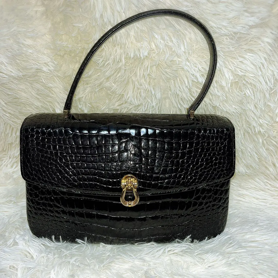 黑色鱷魚壓紋手提包 的縮圖