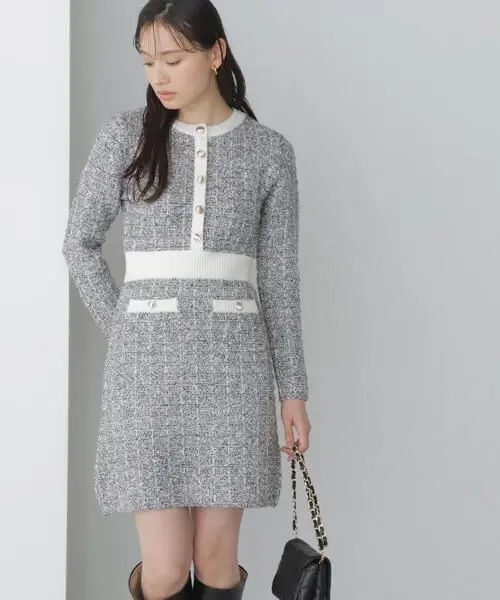 Thumbnail of Tweed Mini Knit Dress, Size S, Long Sleeve, Autumn/Winter, Knee-length, Mini Dress, Gray, Black