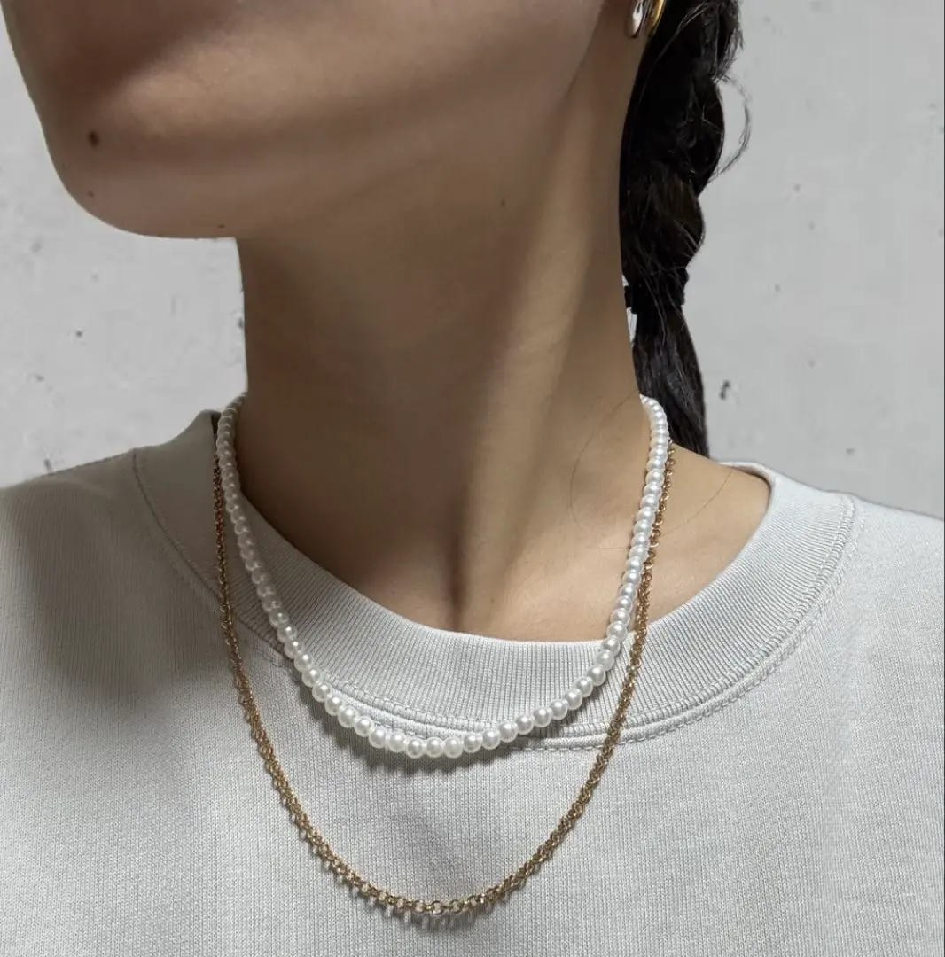 Thumbnail of Two-strand necklace: White pearl x simple gold chain with a T-bar clasp