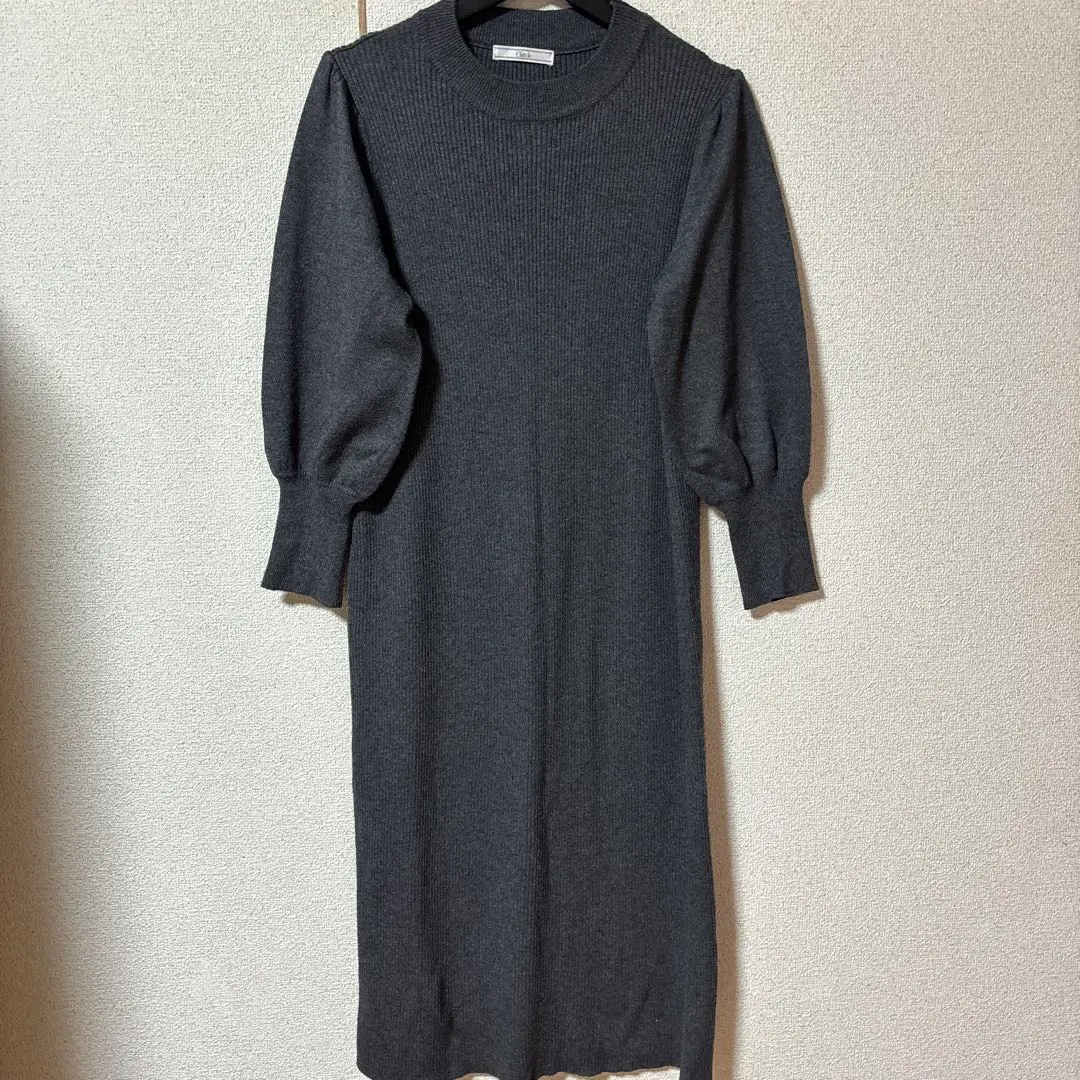 Thumbnail of cheek Dark Gray Knit Dress with Balloon Sleeves