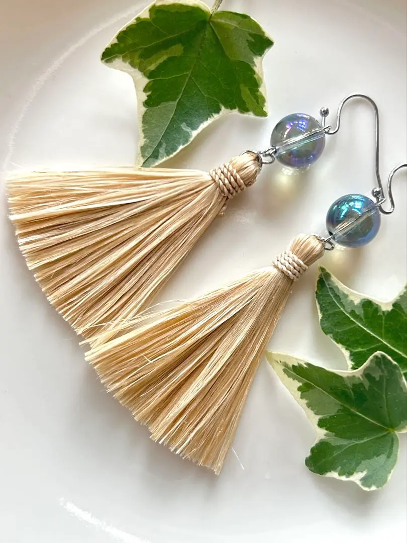 Thumbnail of ˚✧₊⁎ Aqua Aura Quartz & Seima Hemp Tassel Earrings ⁎⁺˳✧༚ Silver Color