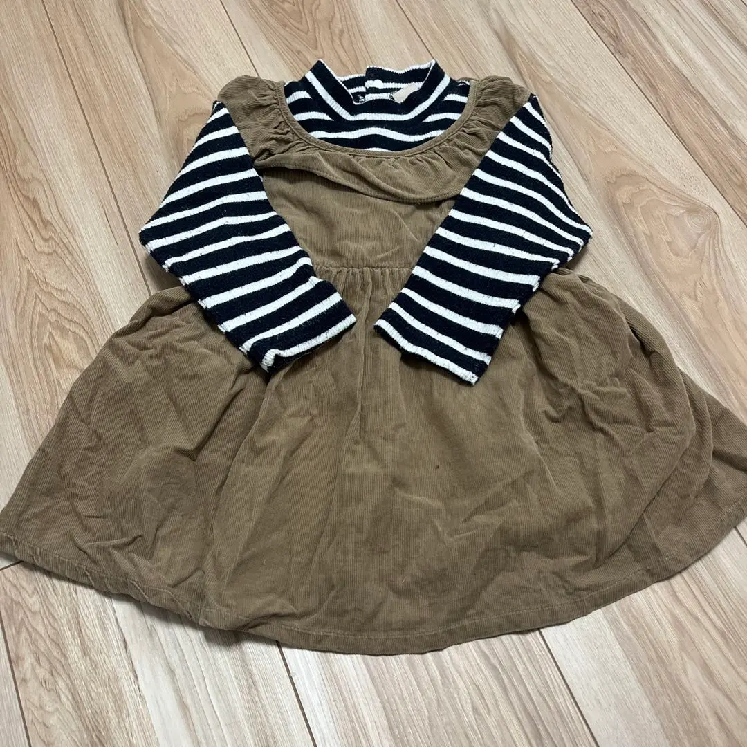 Thumbnail of petit main Brown Corduroy Border Knit Long Sleeve Dress