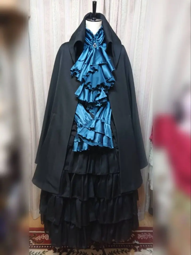 ATELIER BOZ フードロングマント ブルー 裏地スモーキーパープル