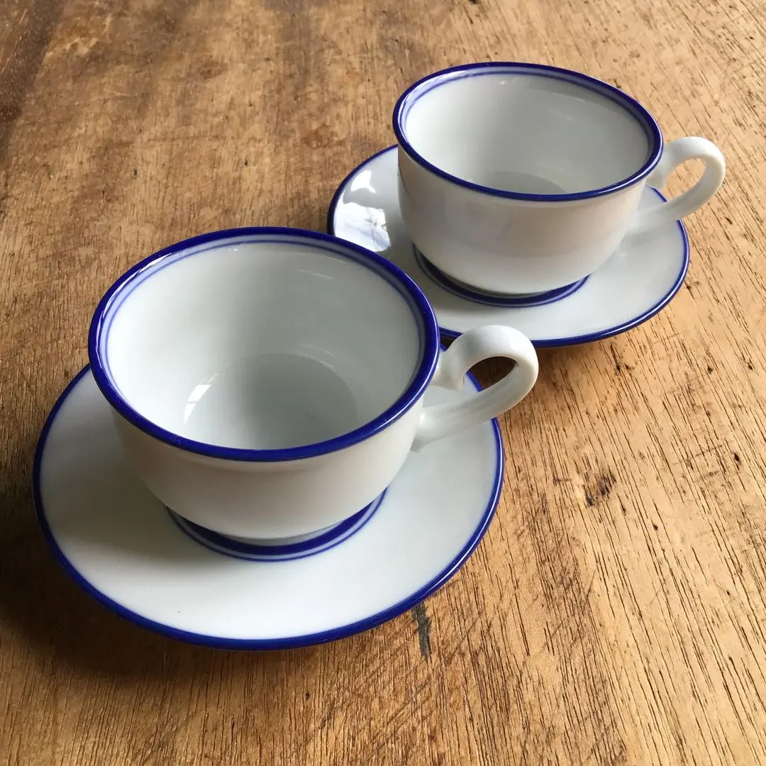 Thumbnail of New Mino-yaki porcelain, white porcelain, blue line, demitasse coffee cup set of 2