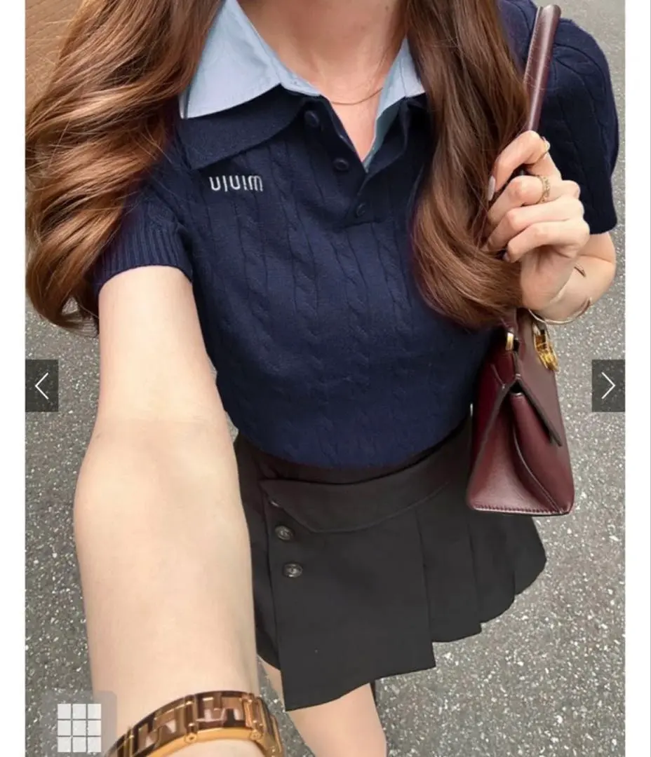 Thumbnail of Collared Knit Top with Sleeve Ribbons and Logo Embroidery, Navy, Girly