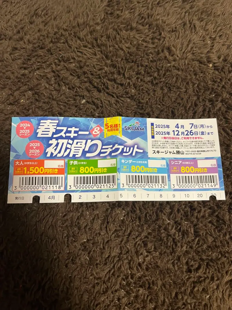 スキージャム勝山　リフト1日券　5枚セット スキージャム勝山 5日券 （スキージャム勝山 大人用リフト1日券