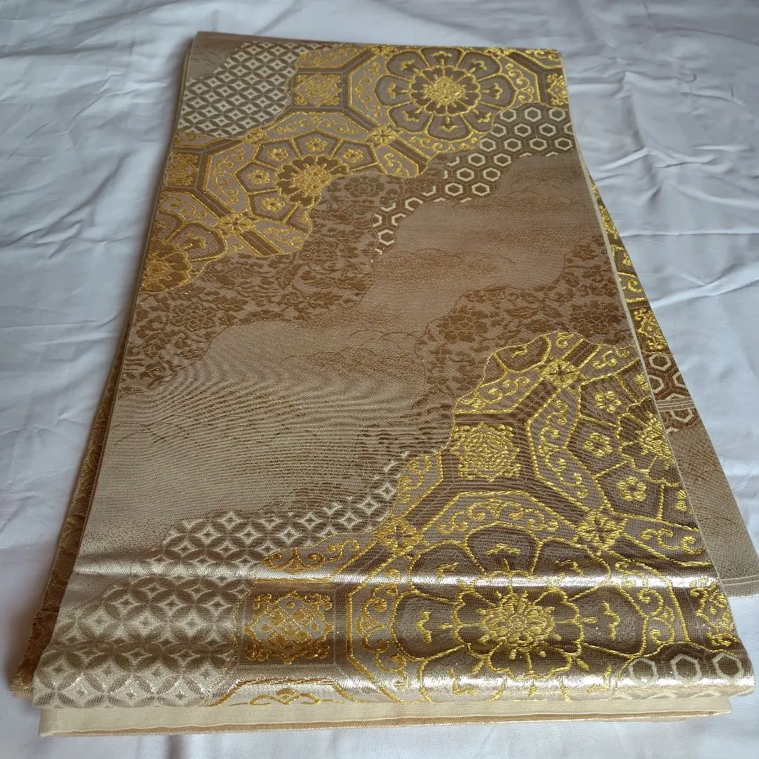 Thumbnail of Recycled Obi: Woven bag-style obi with a Michinaga-tori design featuring flowers and shokko (red) patterns