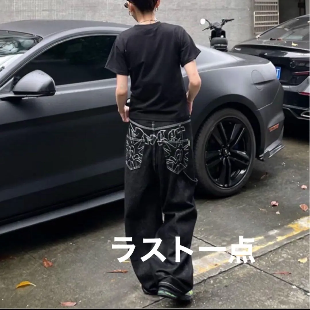 Thumbnail of Wide Denim Pants, Baggy Denim, Black, Embroidered, Unisex, L