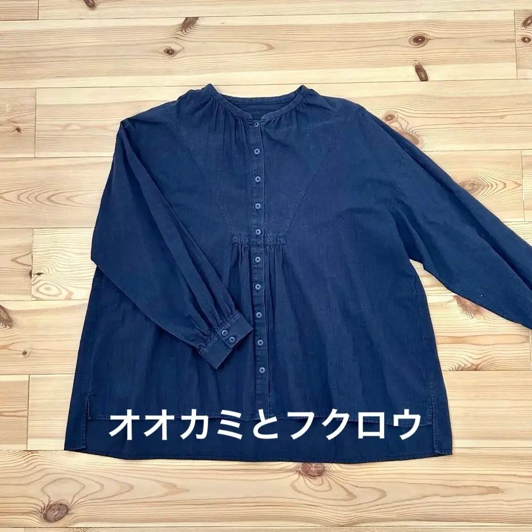 ★専用　オオカミとフクロウ　リネン　シャツ　長袖　ギャザー　黒　ブラック 美品 オオカミとフクロウ 近年 リネン ラミー バンドカラー