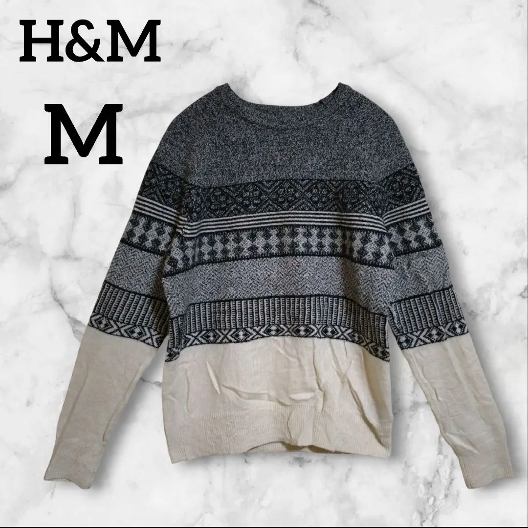 Thumbnail of H&M 【M】Gray Pattern Knit Long Sleeve Sweater Gray/Ivory