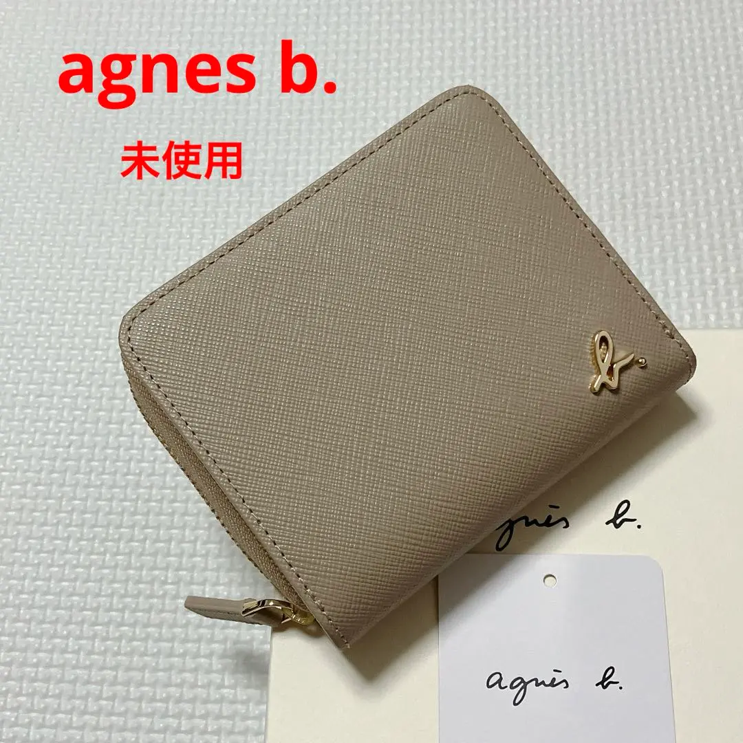 Thumbnail of Unused agnes b. leather round zip bifold wallet, greige, with box