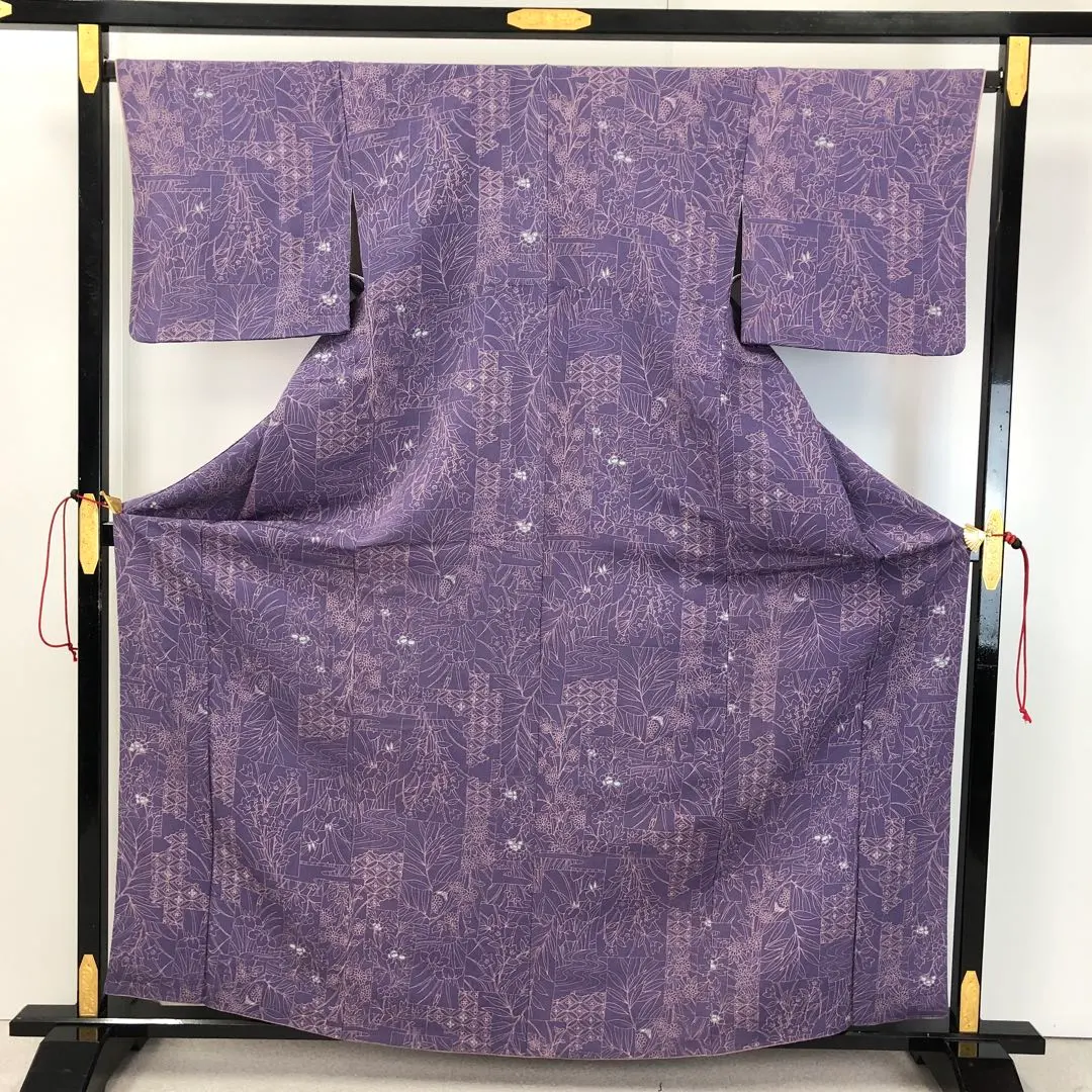 Thumbnail of Komono (small pattern kimono) with seasonal flower patterns, connected with shippo (seven treasures) pattern, wisteria purple, crepe fabric, tall size KK-1907