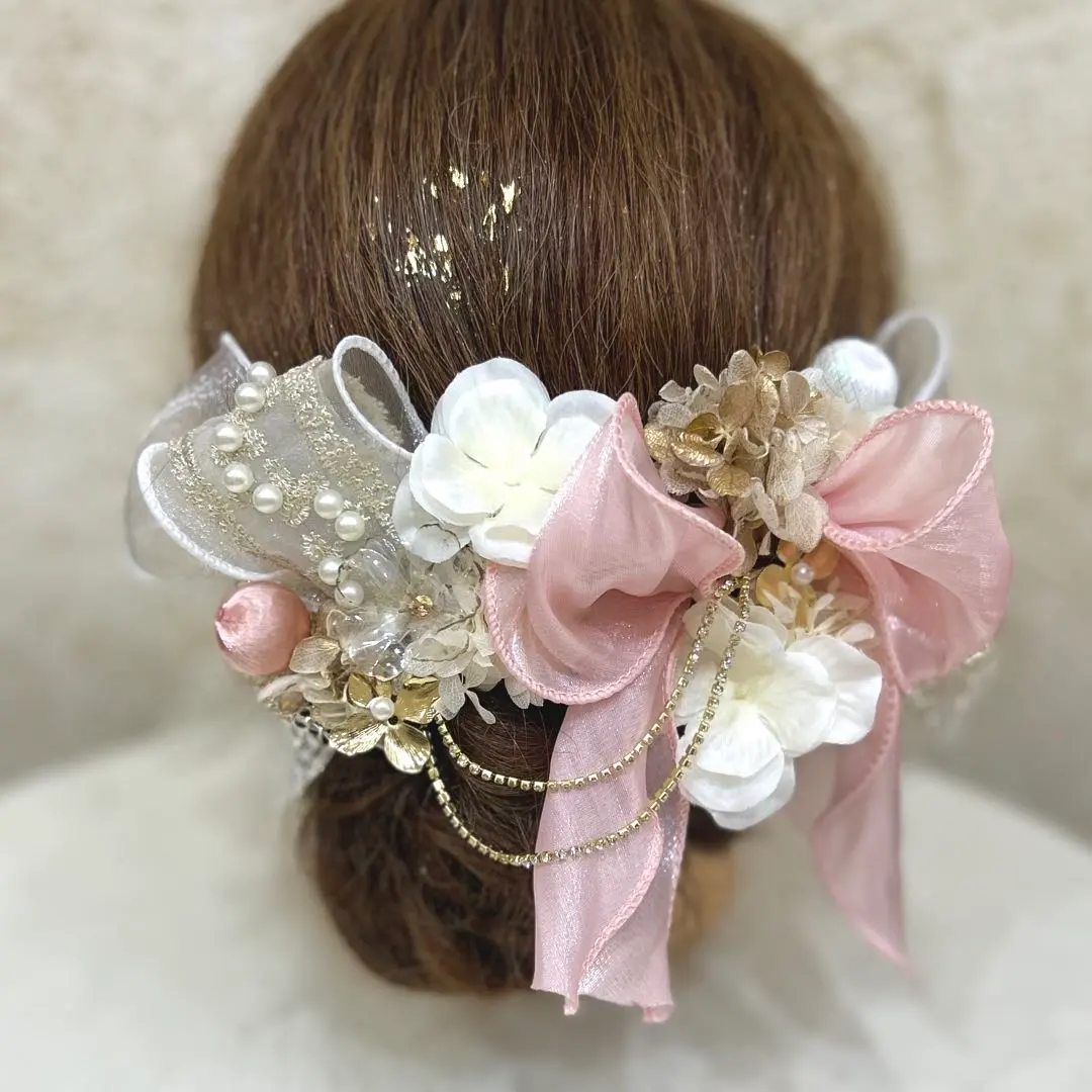 Thumbnail of Hair accessories for Coming-of-Age Ceremony: Pink Ribbon, Gold Flower, Rhinestones