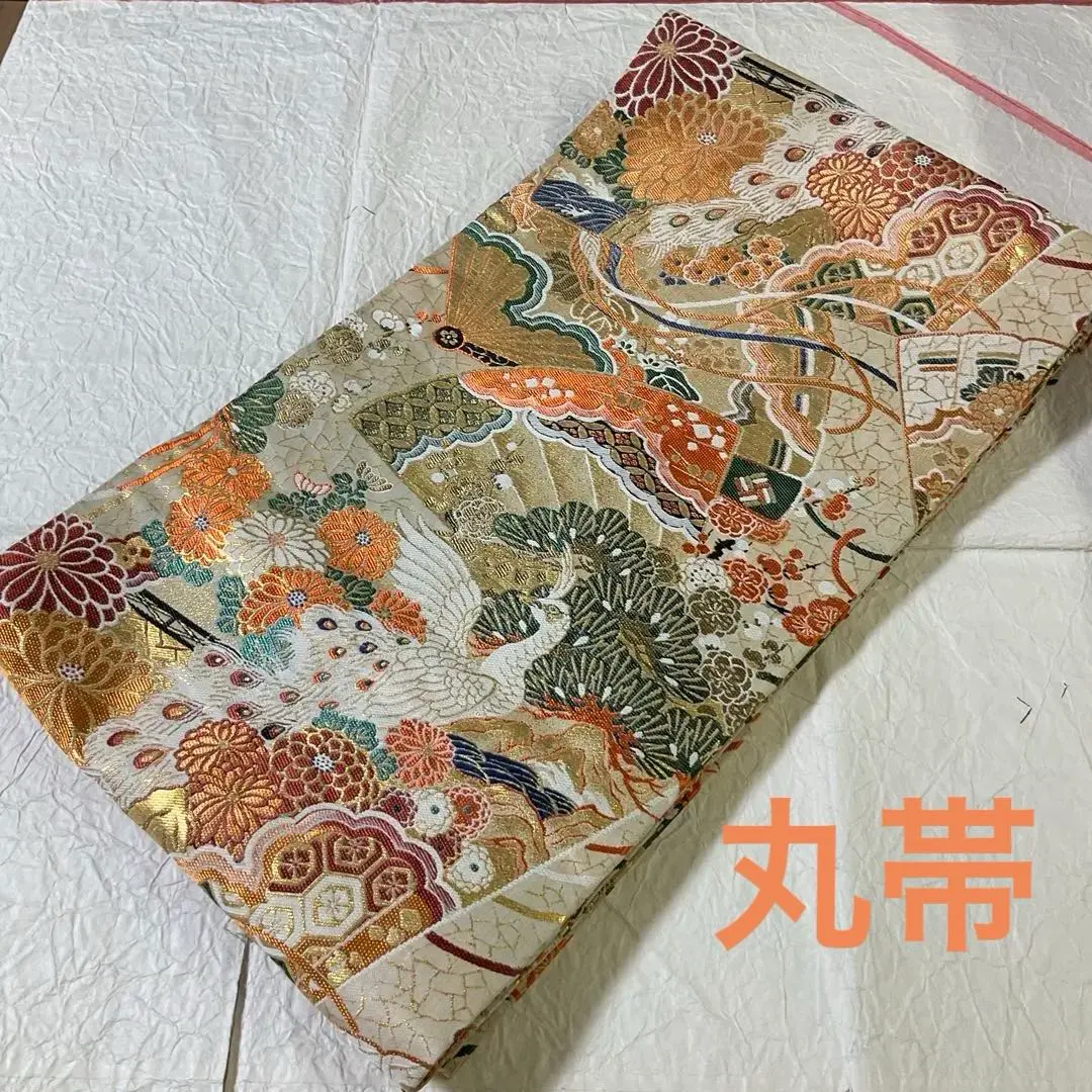 Thumbnail of Fukuro Obi (Type of Japanese Obi) / Maru Obi (Type of Japanese Obi) / All-over pattern / 9 sun (width) / Classic auspicious patterns / Peacock / Pine / Folding fan / Braided cord