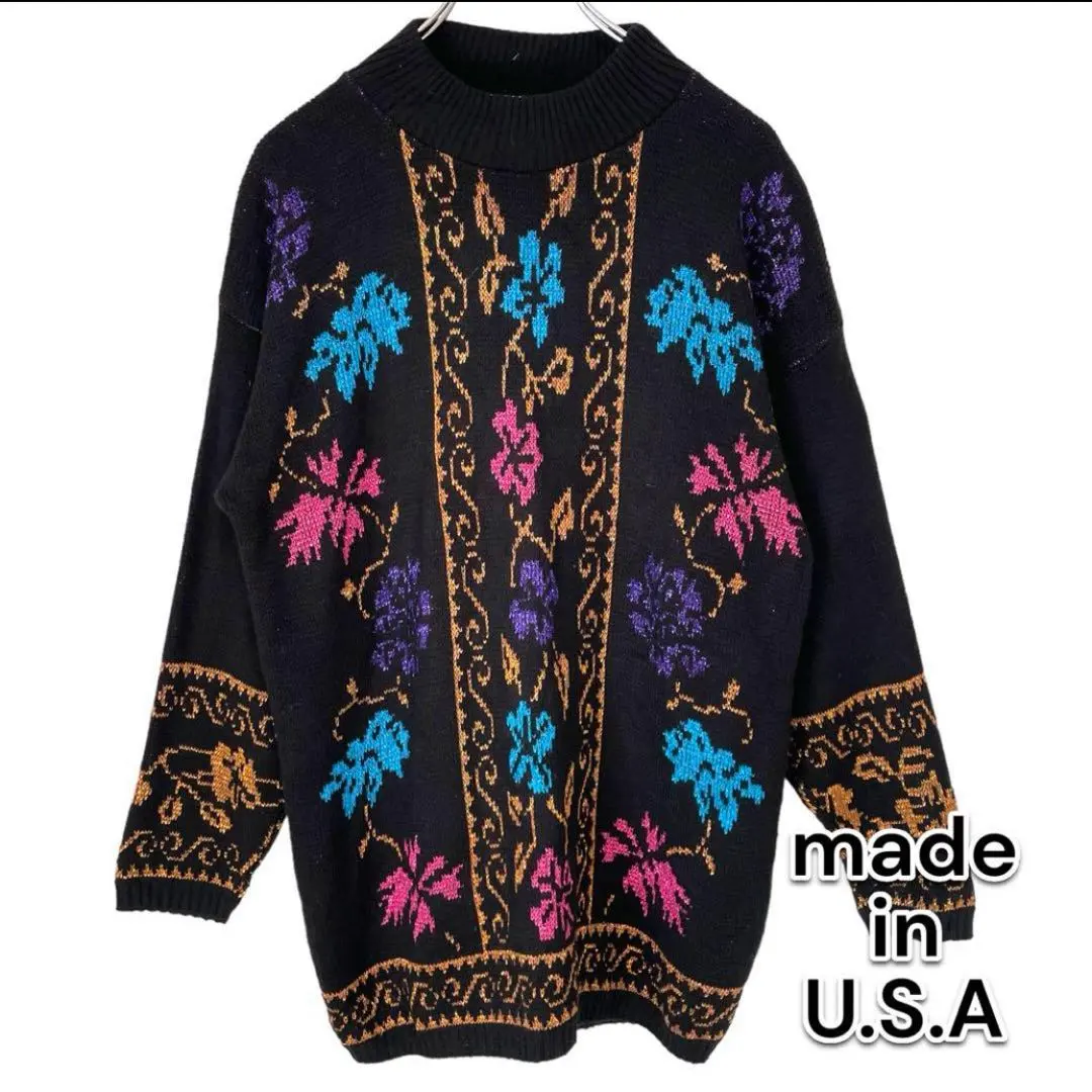 Thumbnail of Used US Vintage Black Knit Sweater with Pattern, Unisex, Floral Embroidery