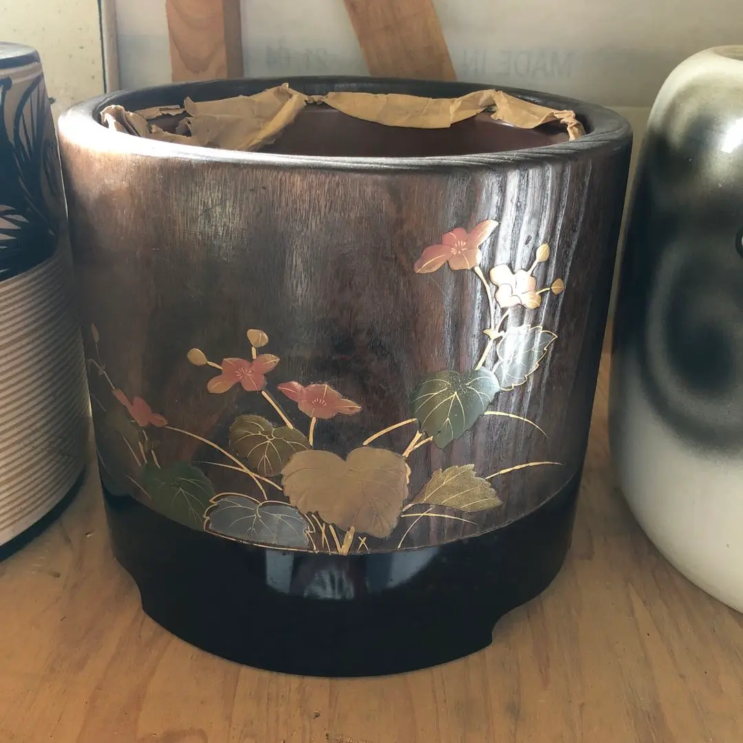 蒔絵 桐火鉢 手炙り 雀・草花文 螺鈿細工 内側銅器 外径約32cm