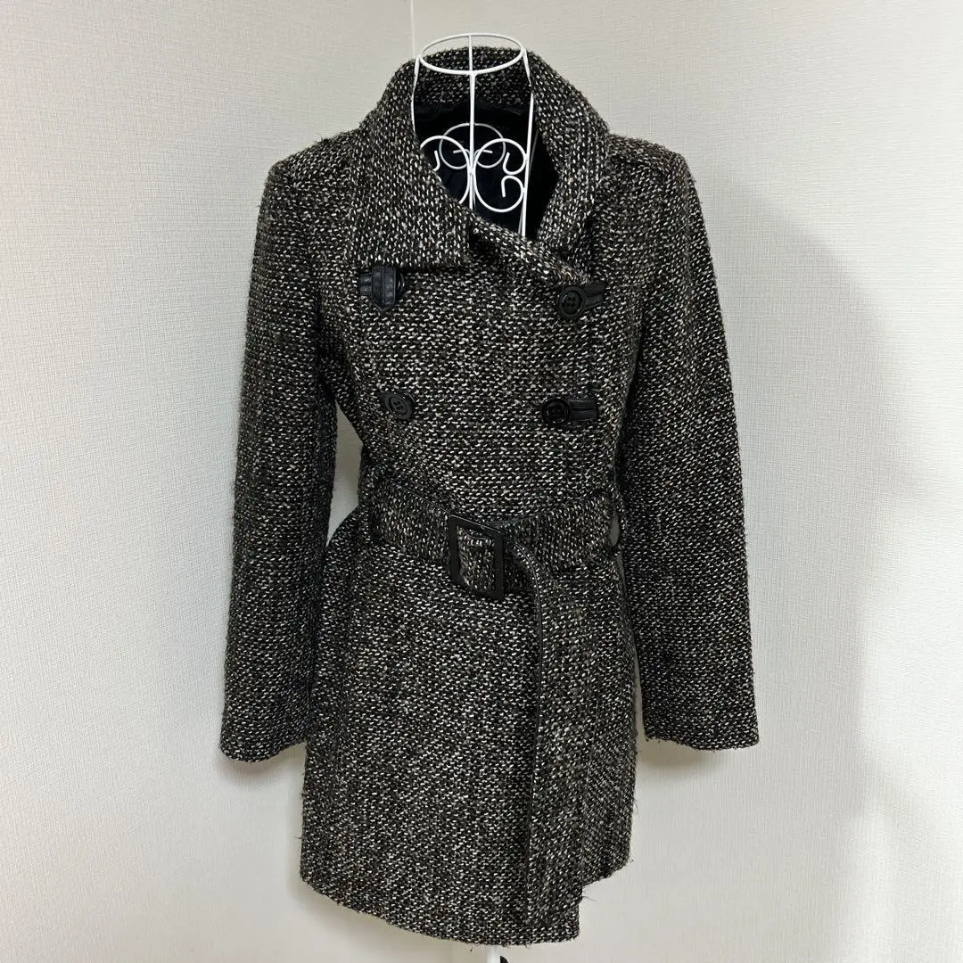 Thumbnail of Zara Basic ♡ Tweed Long Coat Belt Stand Collar Wool Blend L